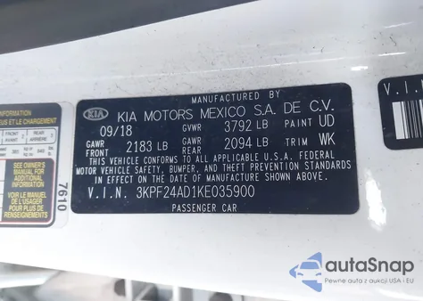 2019 Kia Forte Lxs z USA, uszkodzony, nr VIN 3KPF24AD1KE035900